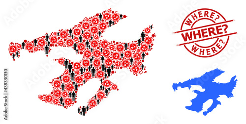 Collage map of Great Bear Lake constructed from covid virus items and people elements. Where? distress seal stamp. Black crowd elements and red sars virus icons. Where? text inside round seal stamp.