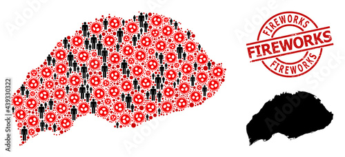 Collage map of Wrangel Island designed from covid icons and population items. Fireworks scratched seal stamp. Black men elements and red covid-2019 elements. Fireworks phrase inside round seal stamp.