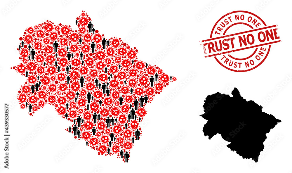 Mosaic map of Uttarakhand State designed from flu virus icons and men elements. Trust No One distress seal stamp. Black person icons and red flu virus elements.