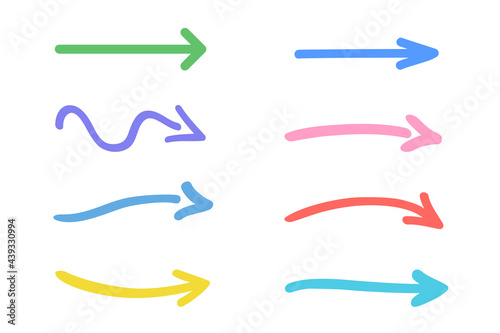 Abstract colorful hand drawn arrows. Colored infographic elements on white. Set of different pointers