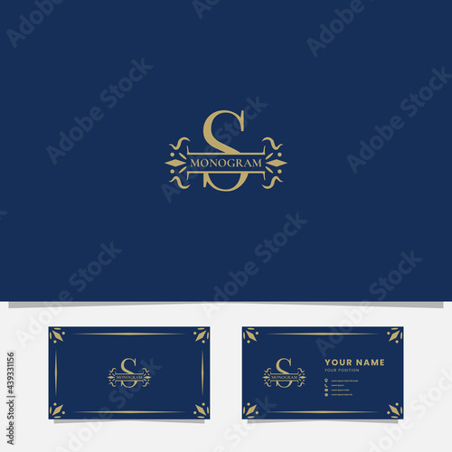 Gold ornamental ribbon on letter S monogram initial logo in blue background with business card template