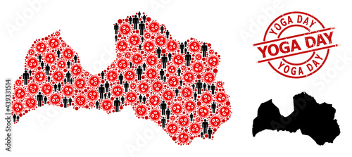 Mosaic map of Latvia constructed from covid-2019 icons and humans elements. Yoga Day textured badge. Black men icons and red sars virus icons. Yoga Day title inside round seal.
