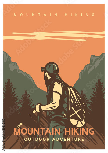 poster design mountain hiking outdoor adventure with man hiking vintage illustration