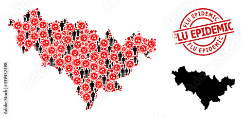 Collage map of Jilin Province united from virus outbreak icons and demographics items. Flu Epidemic textured seal. Black people items and red virus icons. Flu Epidemic caption inside round seal.