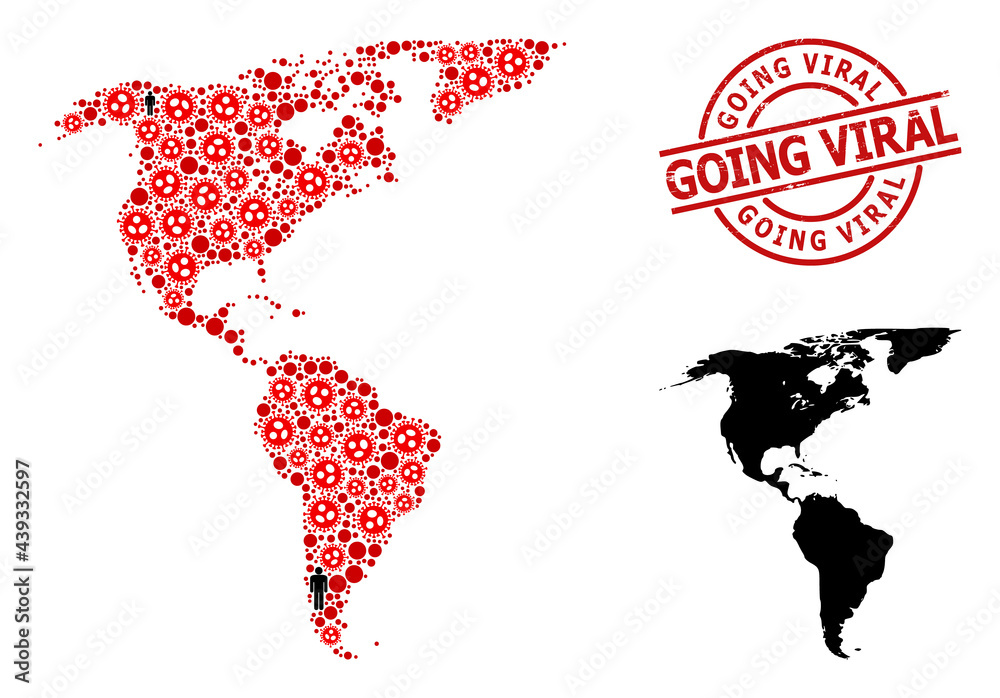 Collage map of South and North America composed of sars virus icons and demographics icons. Going Viral distress seal. Black person icons and red covid virus icons.