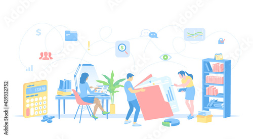 Accounting, Financial analysis, Tax payment, Analytics, Data capture, Statistics, Research. Business team works with documents in office. Vector illustration flat style.
