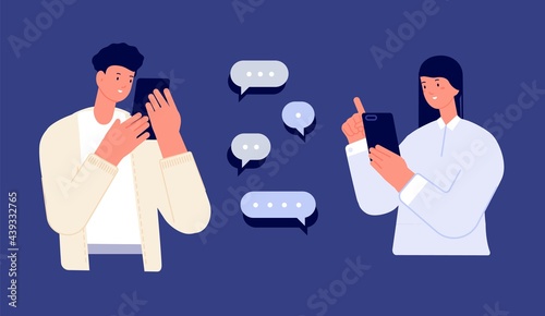 Couple mobile chatting. Teenagers chat, feedback or mobile friendship. Two teens smart talking online. People sharing news utter vector concept