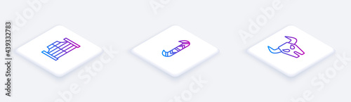 Set Isometric line Saloon door, Kayak canoe and paddle and Buffalo skull. White square button. Vector