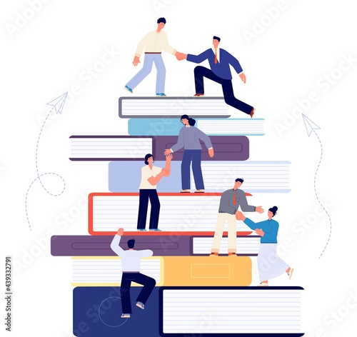 Climbing on books. Learning book, student studying goals. Education or career motivation, climb business success. Teamwork utter vector concept
