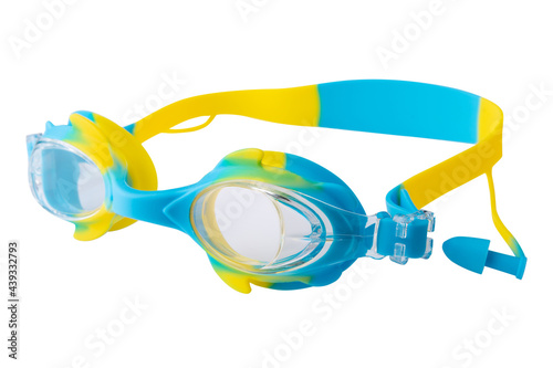 swimming goggles with clear lenses and blue-yellow silicone frame and strap, white background