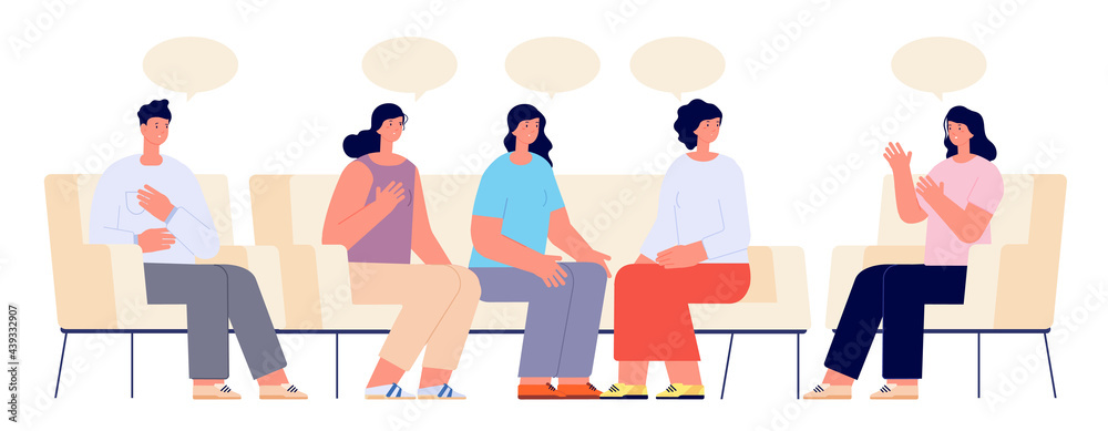 Therapy support group. Addiction group, female doctor on couch meeting. Supporting patient, psychologist consulting session utter vector concept