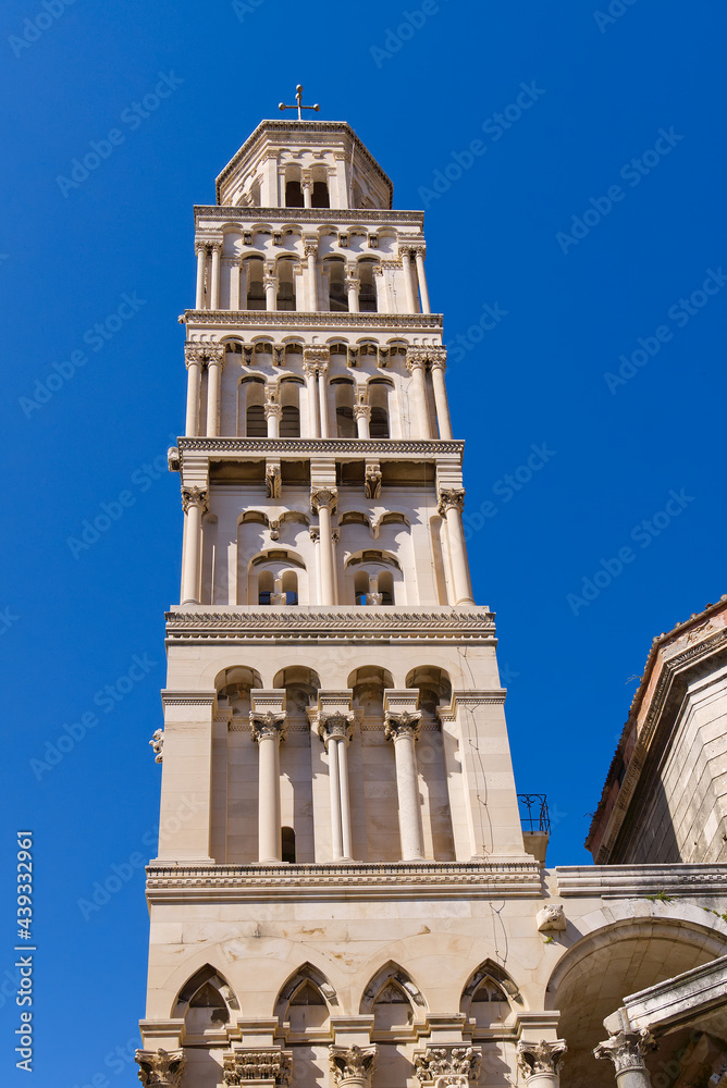 Cathedral of St. Duje bell tower in sunny day, Split, Croatia. Postcard.
