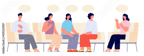 Therapy support group. Addiction group, female doctor on couch meeting. Supporting patient, psychologist consulting session utter vector concept
