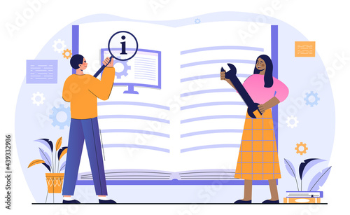 Male and female characters are studying computer manual book together