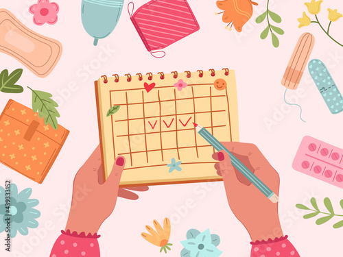 Menstruation period. Female menstrual cycle, calendar of woman health. Vaginal sanitary elements, cartoon girls hygiene exact vector background