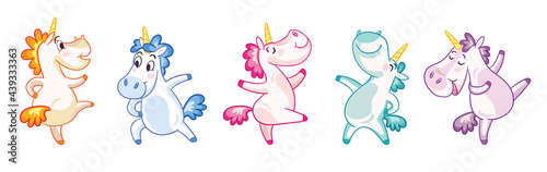 Colorful isolated illustration cute and happy dancing unicorns vector set