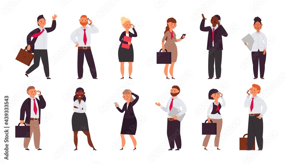 Office workers team. Man talk phone, enjoy company employee. Cartoon smiling angry business people, students teachers decent vector characters