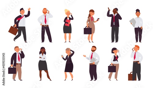 Office workers team. Man talk phone, enjoy company employee. Cartoon smiling angry business people, students teachers decent vector characters