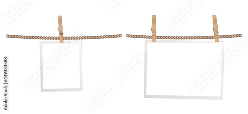 Frames on wood clips. Photo frame for interior design on textile rope. Isolated realistic house white accessories in scandinavian style vector set