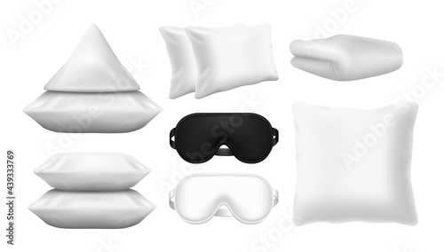 Realistic sleep accessories. Sleeping mask, pillow, blanket. White elements for bed, sweet dream vector set