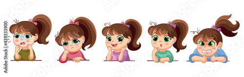 Set of cartoon cute girls face emotions vector illustration