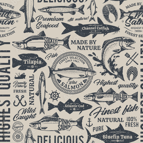 Vector fish retro-styled seamless typographic pattern or background. Fish silhouettes and illustrations