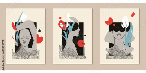 A set of three colorful aesthetic backgrounds. Minimalistic posters for social media, web design, advertisment. Vintage illustrations with geometric shapes, leaves, plants, female silhouettes, faces.