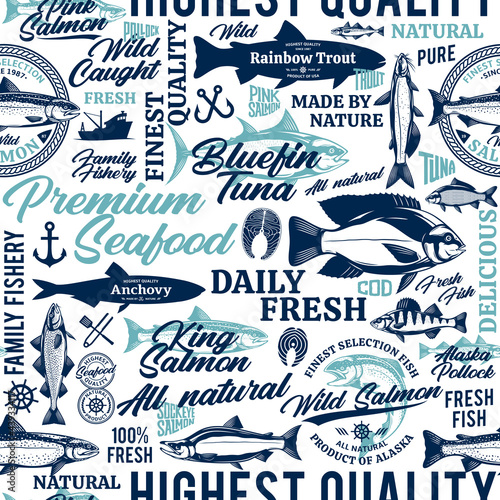 Vector fish seamless pattern, logo and design elements. Fish silhouettes and illustrations