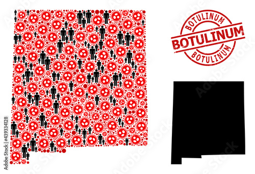 Mosaic map of New Mexico State designed from sars virus items and people icons. Botulinum distress seal stamp. Black people icons and red covid virus items. Botulinum caption inside round watermark.