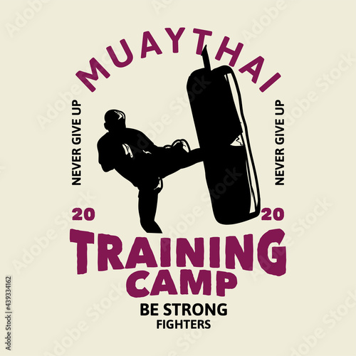 t shirt design muay thai training camp with silhouette man kicking punching bag vintage illustration