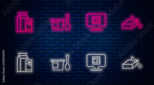 Set line Yogurt container with spoon, Cheese, Paper package for kefir and Butter butter dish. Glowing neon icon on brick wall. Vector