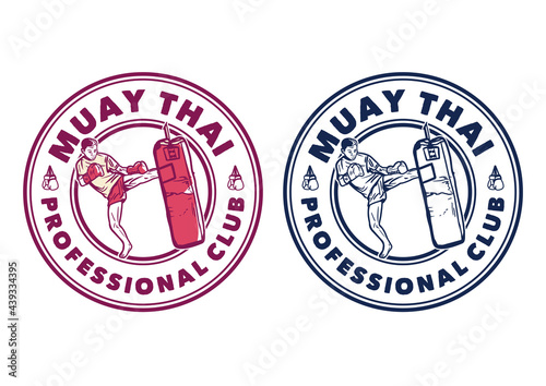 logo design muay thai professional club with man martial artist muay thai kicking punching bag vintage illustration