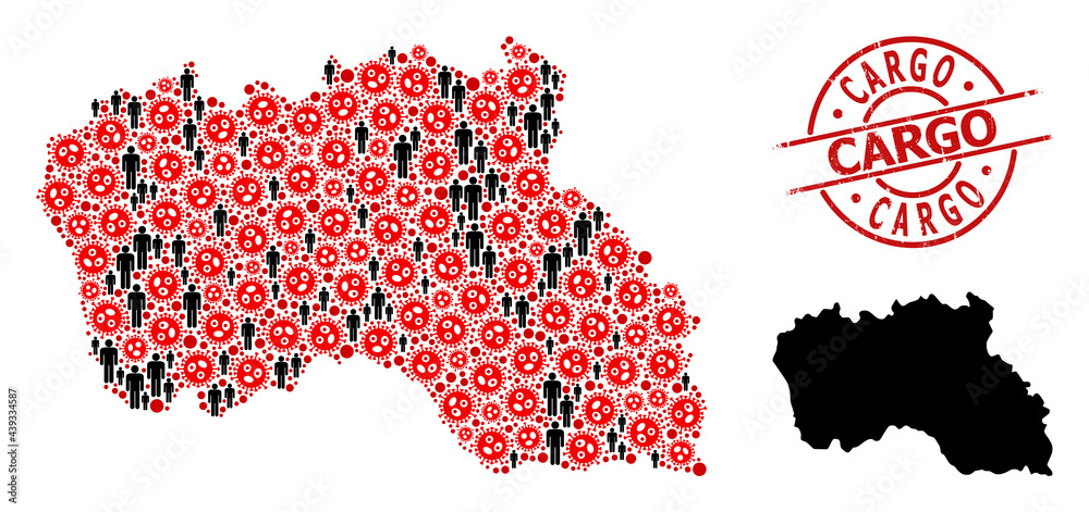 Obraz premium Mosaic map of Santa Maria Island constructed from flu virus icons and population elements. Cargo grunge seal stamp. Black people icons and red flu virus elements. Cargo text inside round seal stamp.