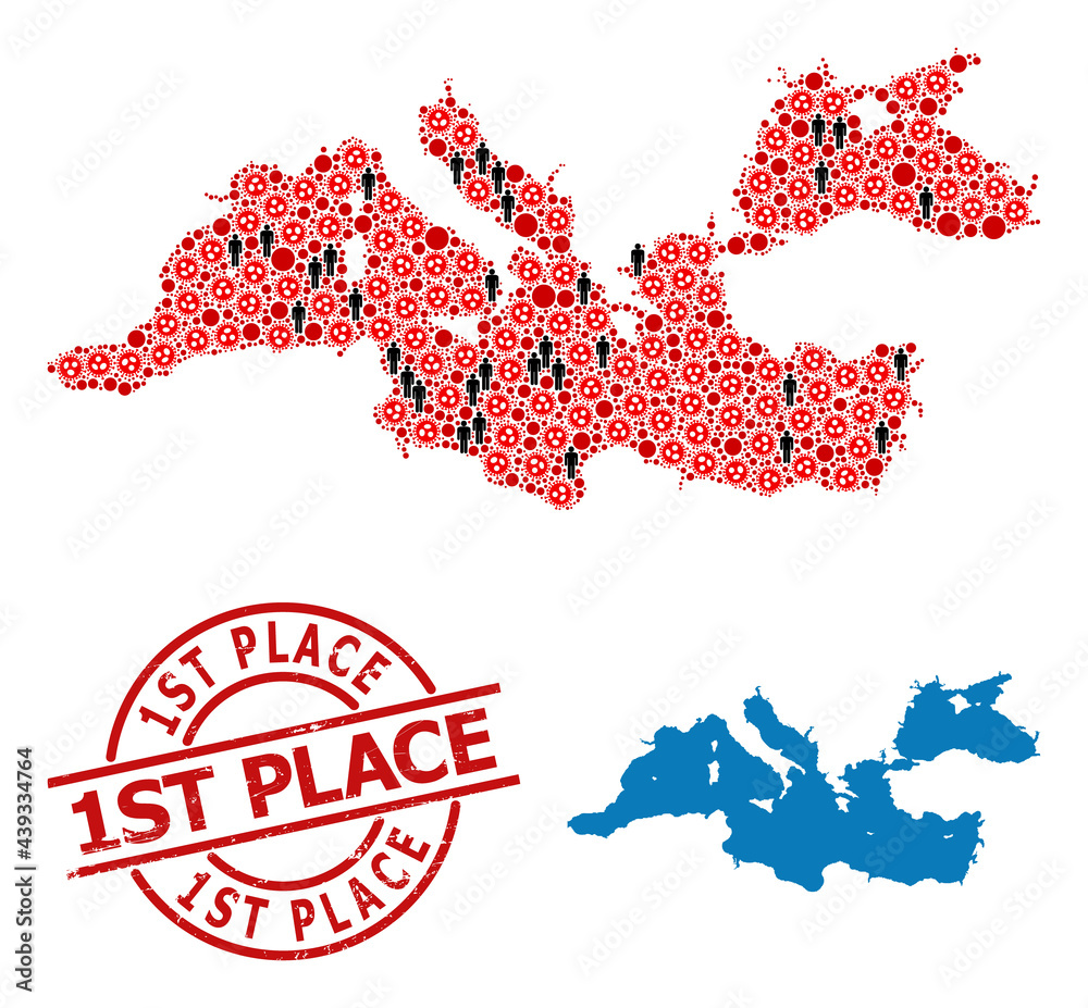Mosaic map of Mediterranean Sea composed of sars virus items and humans elements. 1St Place distress stamp. Black person items and red sars virus elements. 1St Place caption is inside round stamp.