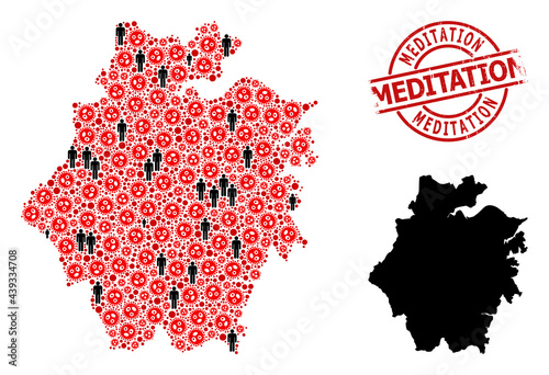 Mosaic map of Zhejiang Province constructed from virus outbreak items and population items. Meditation distress seal stamp. Black men items and red flu virus icons.