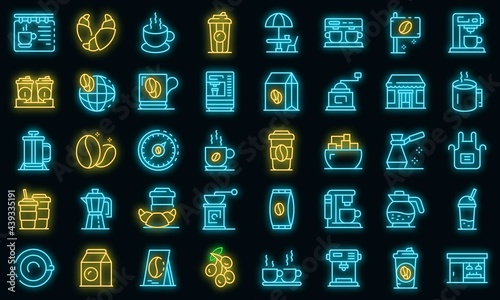 Coffee shop icons set. Outline set of coffee shop vector icons neon color on black