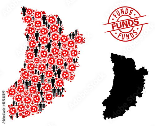 Collage map of Lleida Province united from SARS virus items and demographics items. Funds scratched seal. Black person symbols and red flu virus icons. Funds text is inside round seal.
