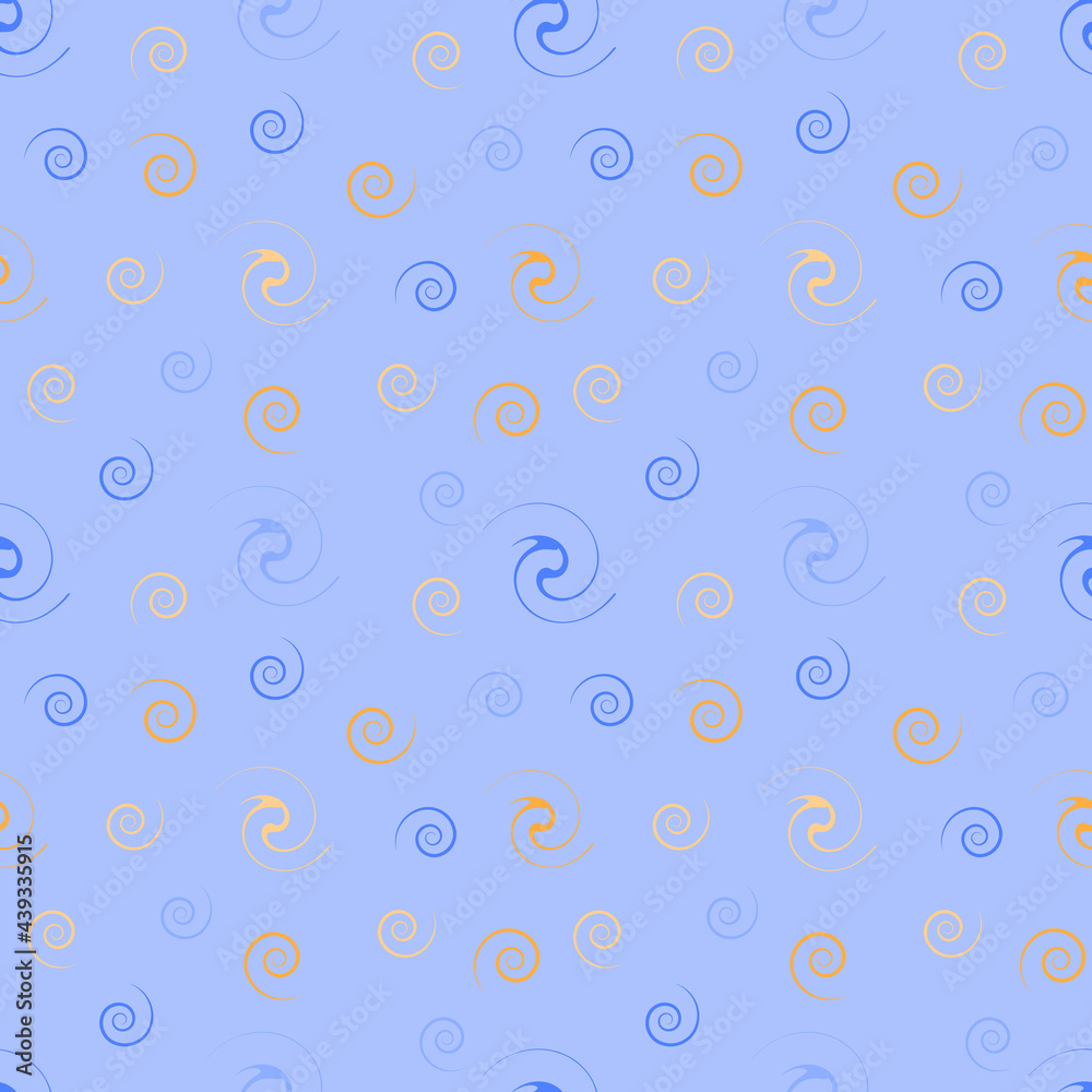 Abstract seamless pattern with blue, beige and orange elements in the form of a spiral on a light blue background. For wallpaper, textiles and fabrics.