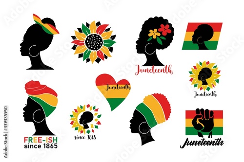 Set of Juneteenth banners with silhouette  afro woman, colorful flag, heart, sunflowers isolated on white background. Vector flat illustration. Design for backdrop, poster, greeting card, flyer