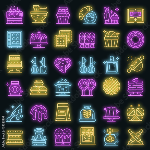 Confectioner icons set. Outline set of confectioner vector icons neon color on black