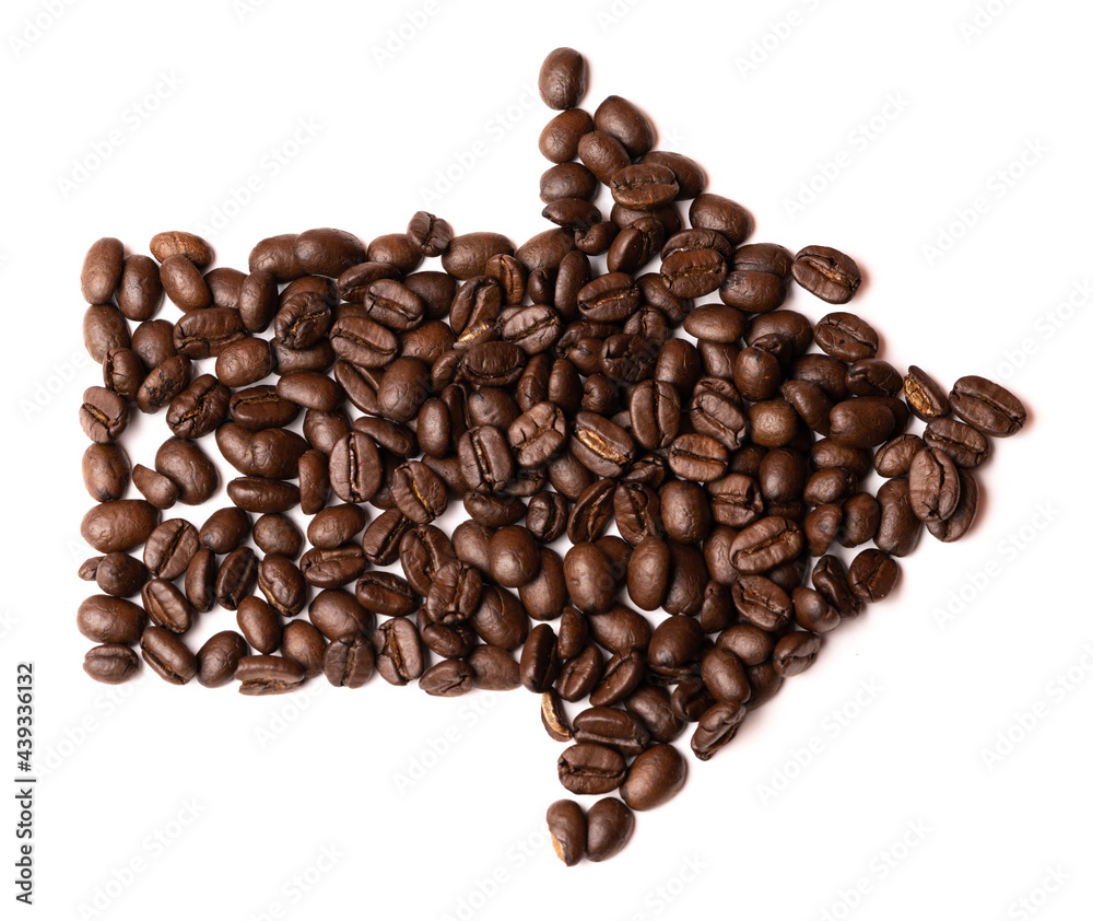 Coffee beans, darkroast, organic in a arrow shape, isolated on white