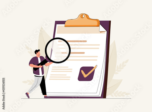 Man holding magnifying glass and examining document. Concept of business analysis, audit, professional check.