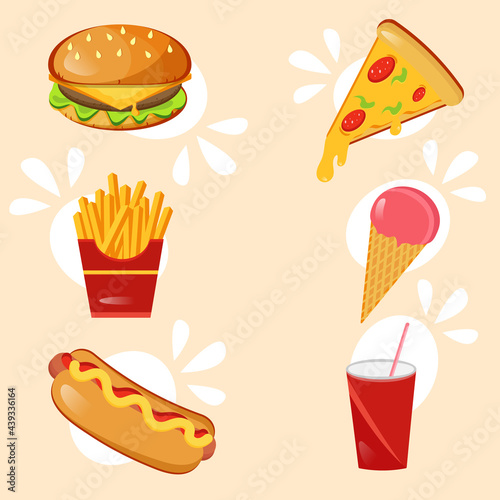  Fast Food Kit. Fast food icons. Fast food. Cafe. Burger. Coca Cola. Hot dog. French fries. Pizza..