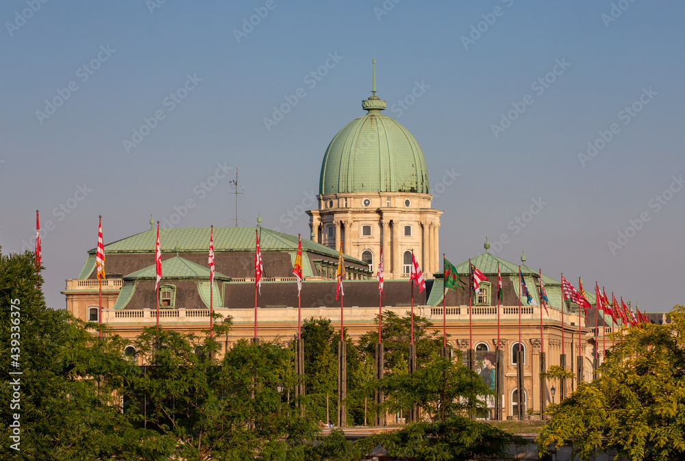 Obraz premium A row with various historical Hungarian flags near the Karmelita monastery in Budapest - Hungary