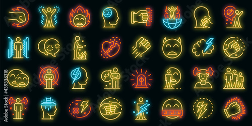 Rage icons set. Outline set of rage vector icons neon color on black