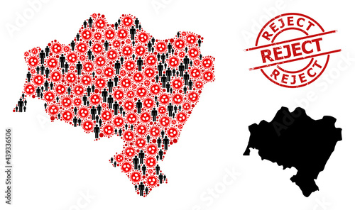 Mosaic map of Lower Silesia Province constructed from SARS virus items and people items. Reject textured seal stamp. Black person symbols and red sars virus elements. Reject caption inside round seal.