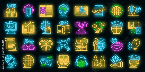 Translator icons set. Outline set of translator vector icons neon color on black