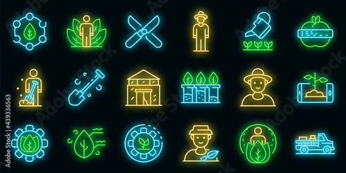 Agronomist icons set. Outline set of agronomist vector icons neon color on black