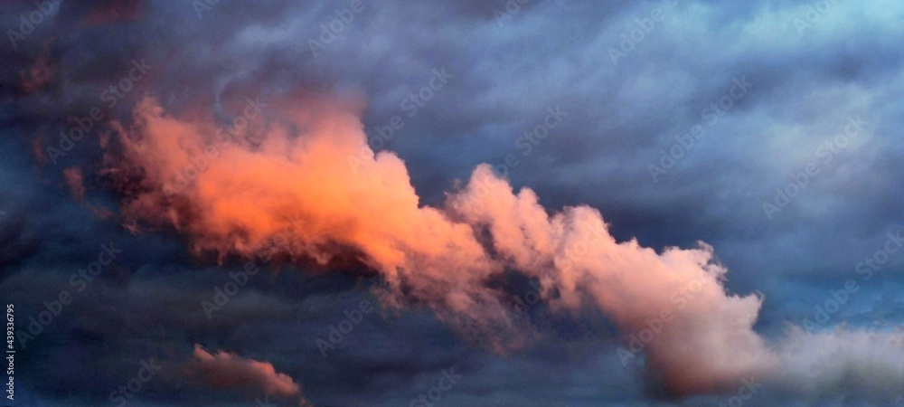 Evening sky and pink cloud. The sky is almost completely covered with light gray clouds. One elongated cloud is lower than the others and is colored pink from the rays of the setting sun.