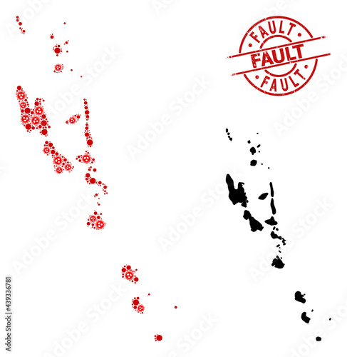 Mosaic map of Vanuatu Islands united from flu virus items and humans icons. Fault grunge seal. Black people symbols and red sars virus items. Fault message is inside round seal.